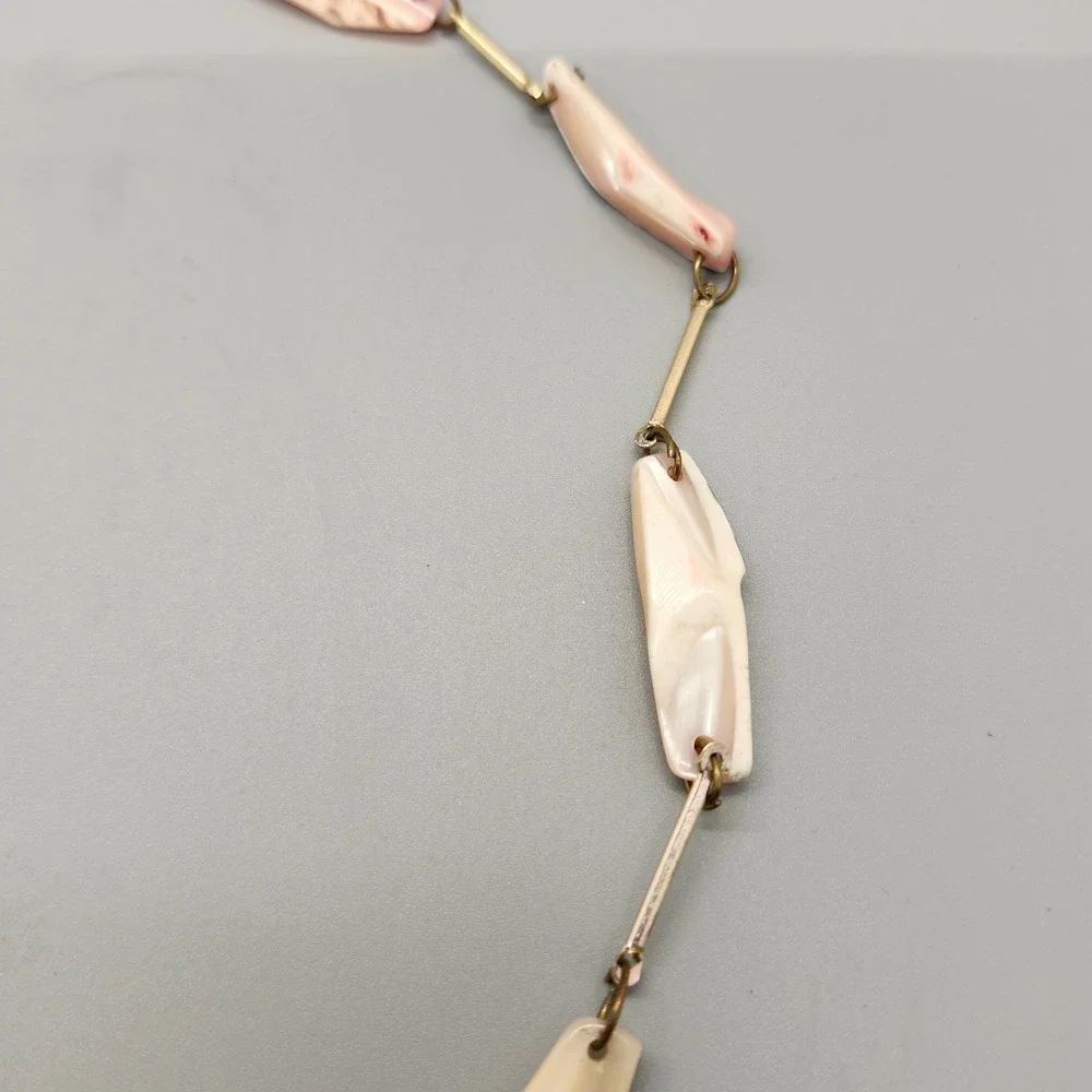 Vintage Mother Of Pearl Necklace Free Form Bead Chunks Gold Tone Chain